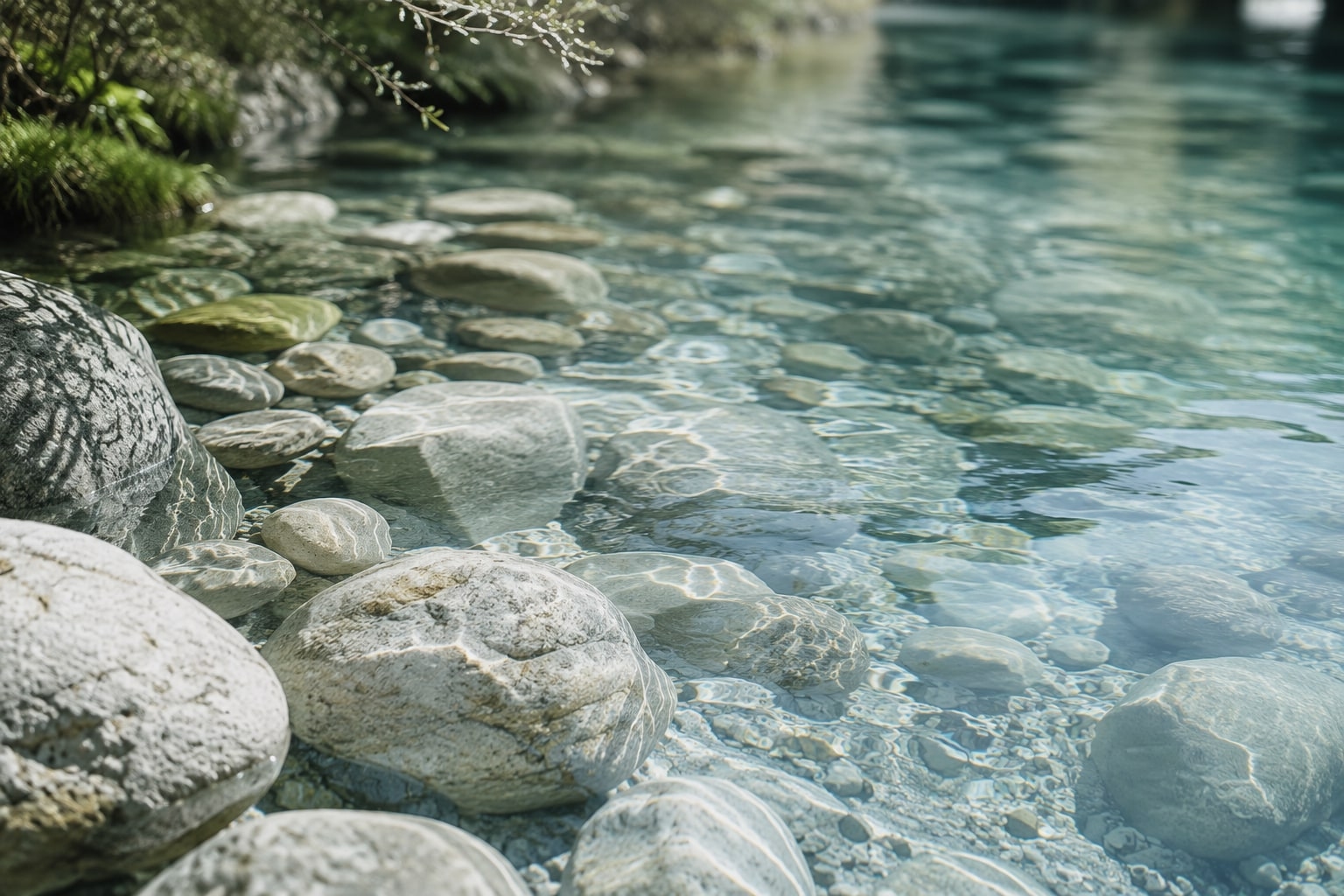 Clear river water running over pale smooth stones beside a mossy bank
