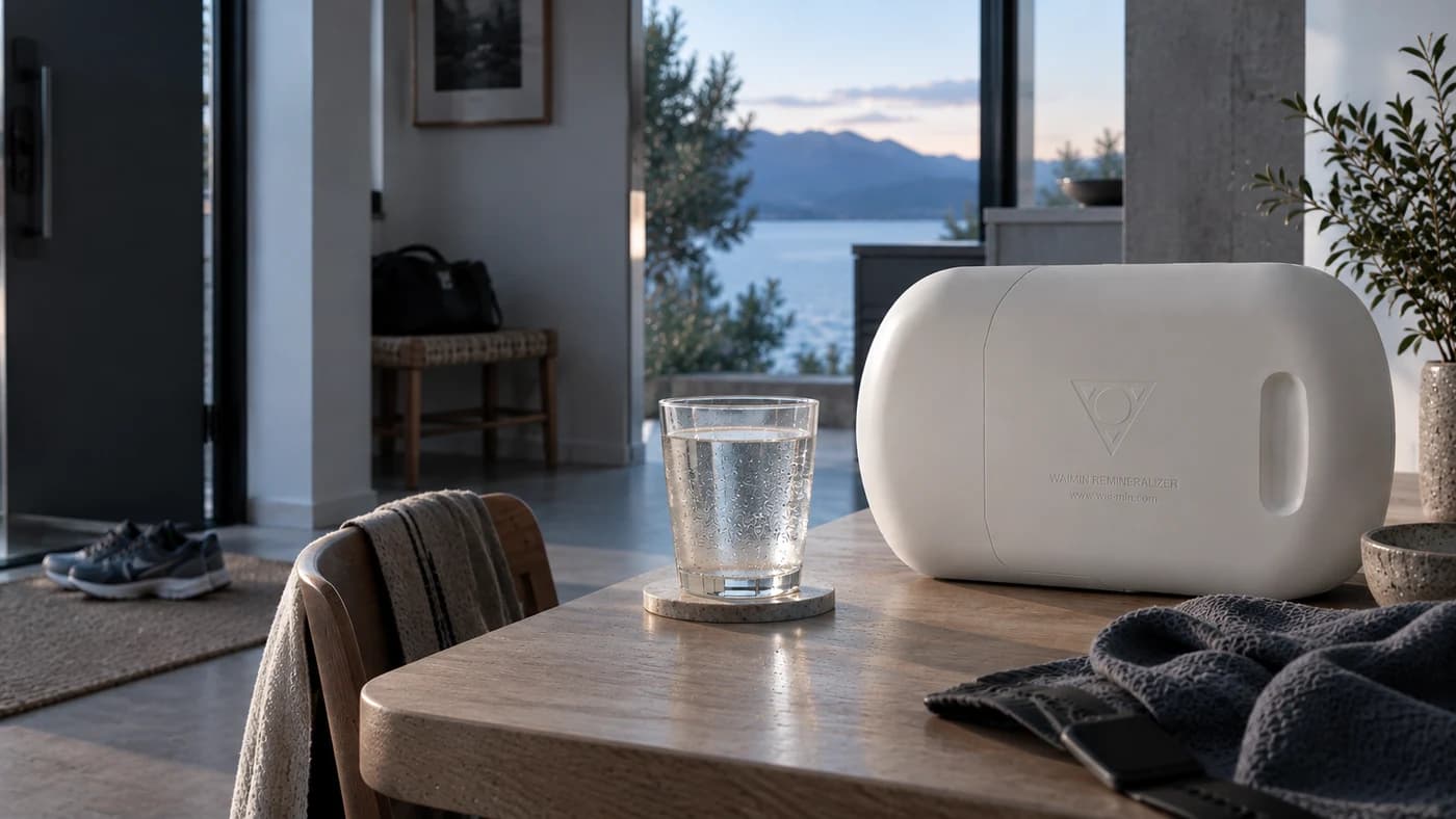 A cold glass of water on a dining table beside the Waimin Remineralizer at dusk, with running shoes by the door and a towel over the chair
