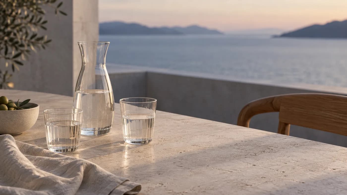 A glass carafe and two tumblers of water on a stone table at dusk, looking out over the water