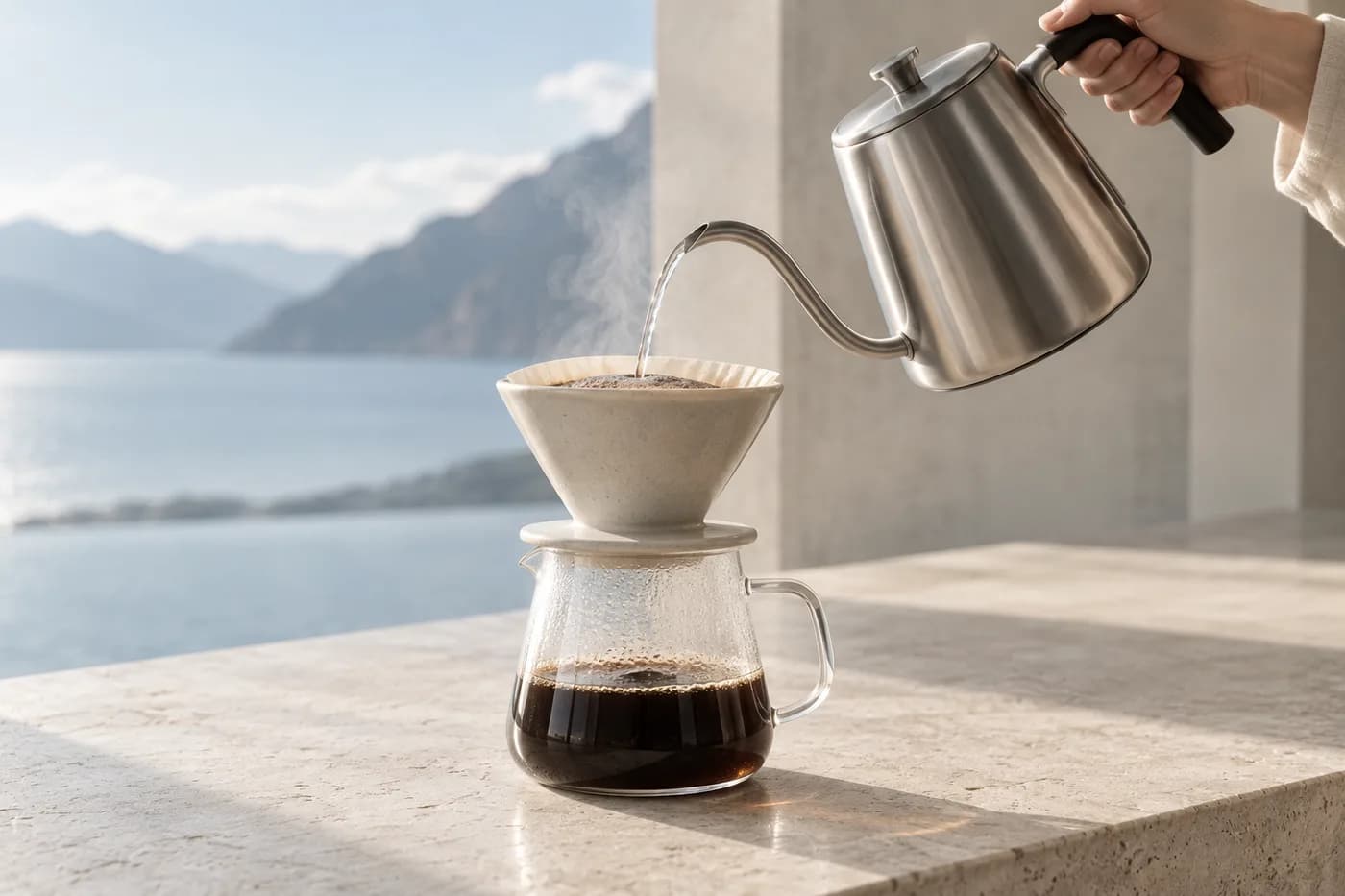 Hot water poured from a gooseneck kettle into a pour-over coffee filter on a stone counter, with a lake beyond