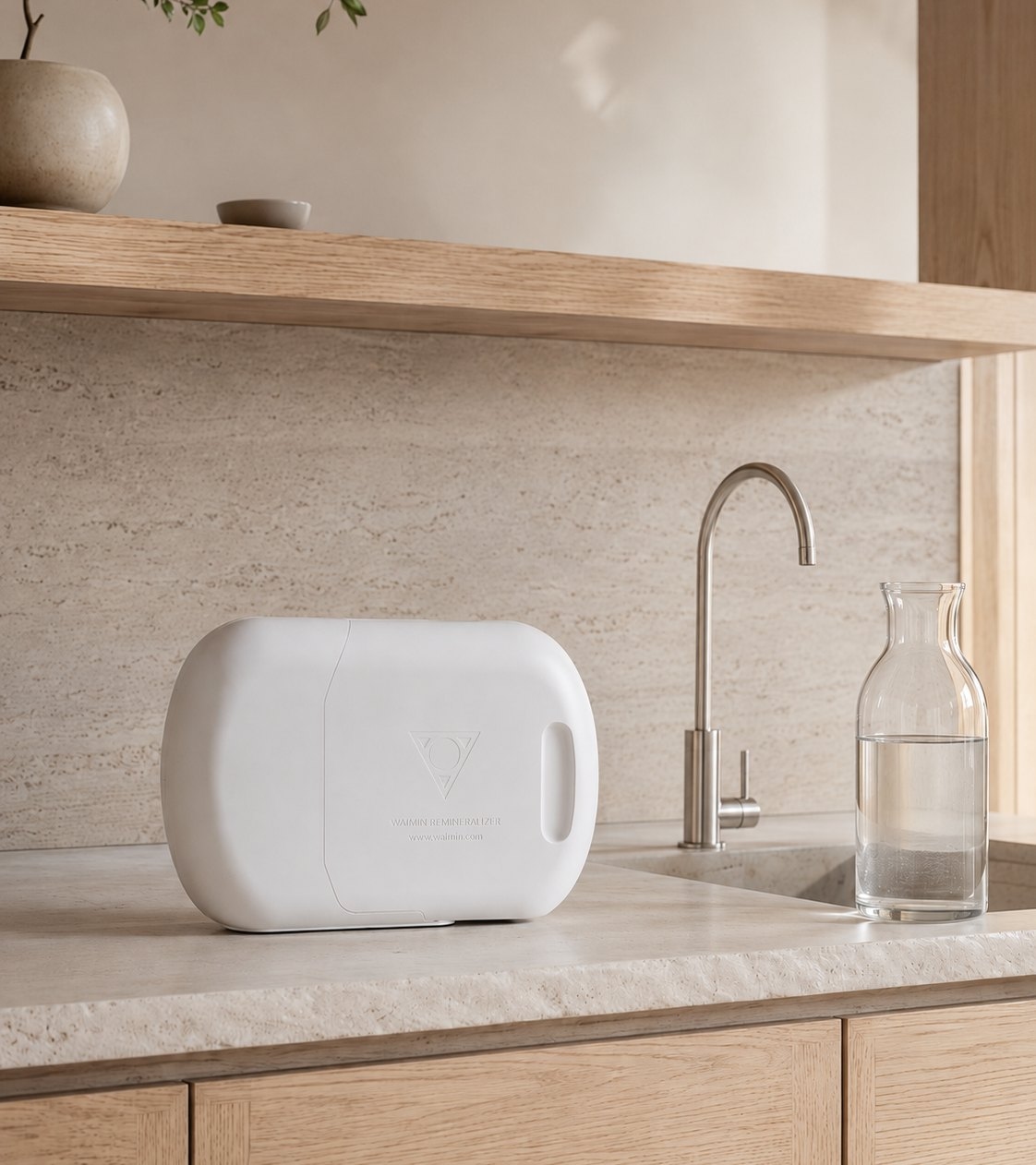 Waimin Remineralizer on a kitchen bench beside a tap and water carafe