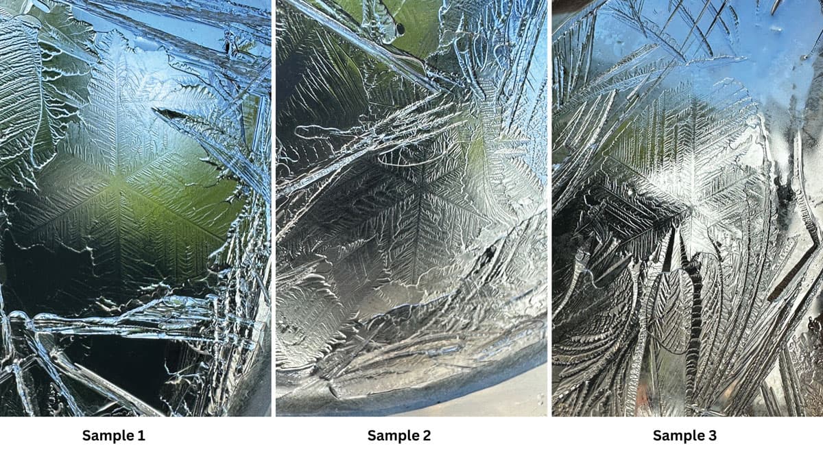 Ice crystallography close-ups of samples 1, 2, and 3 showing hexagonal patterns