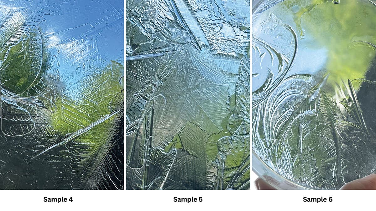 Ice crystallography close-ups of samples 4, 5, and 6 showing hexagonal and fern-like patterns