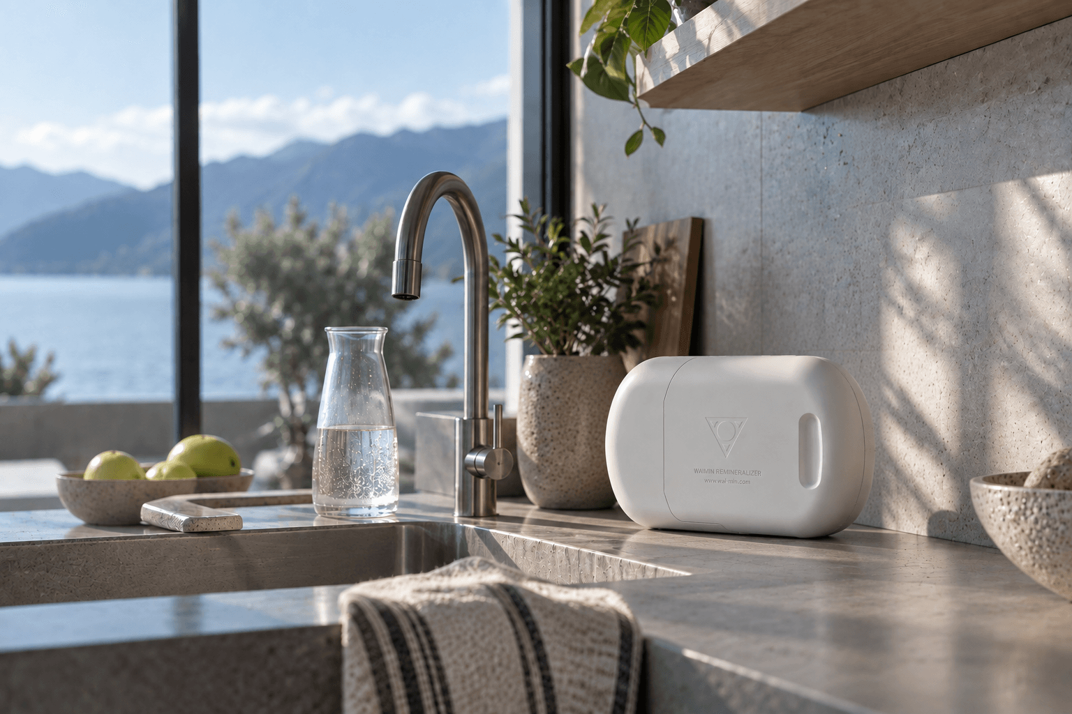 Waimin Remineralizer on a stone kitchen counter beside the sink and tap, with a water carafe, a bowl of apples and a lake through the window