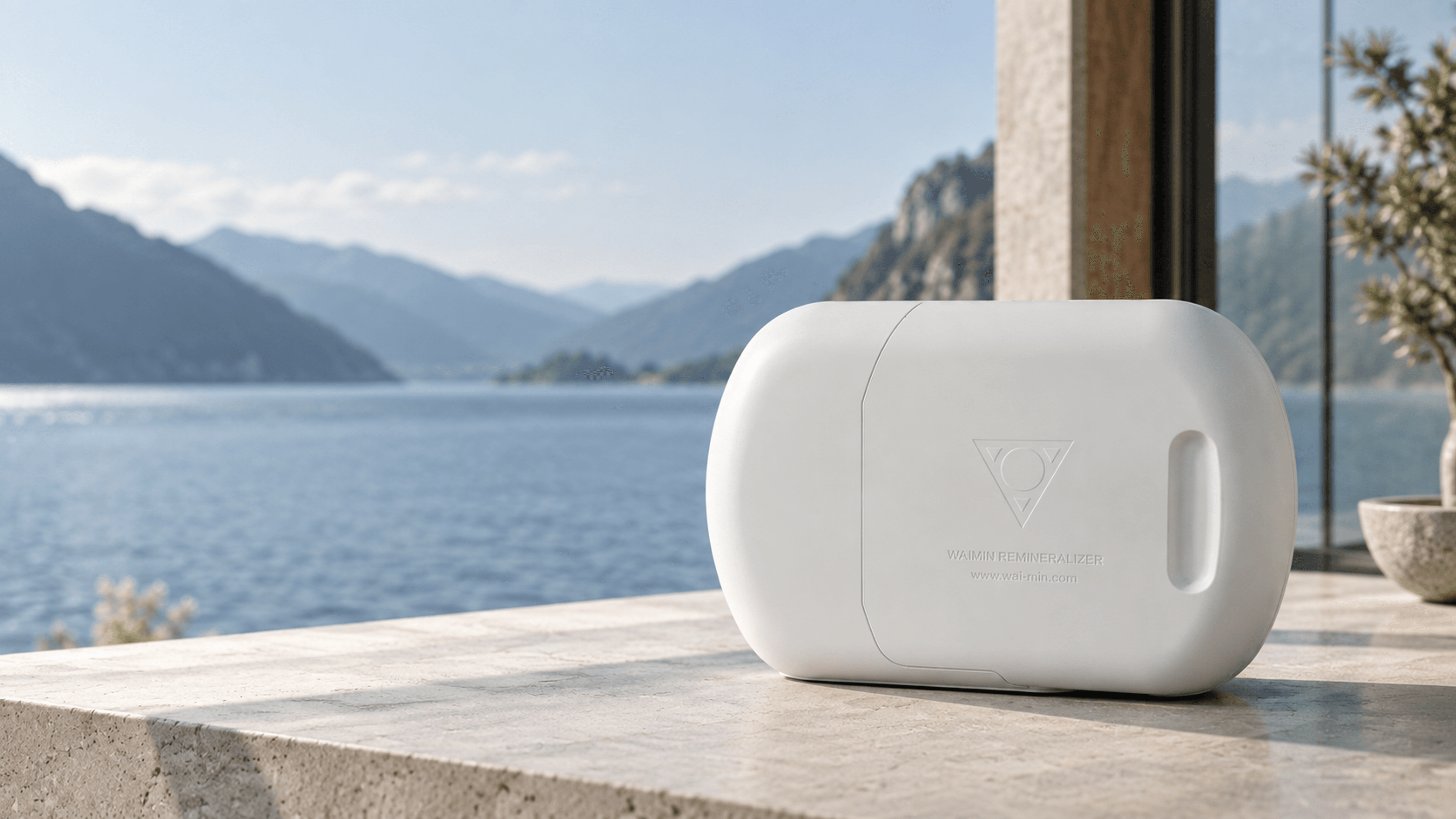 Waimin Remineralizer on a travertine ledge beside a potted olive, overlooking a lake and mountains