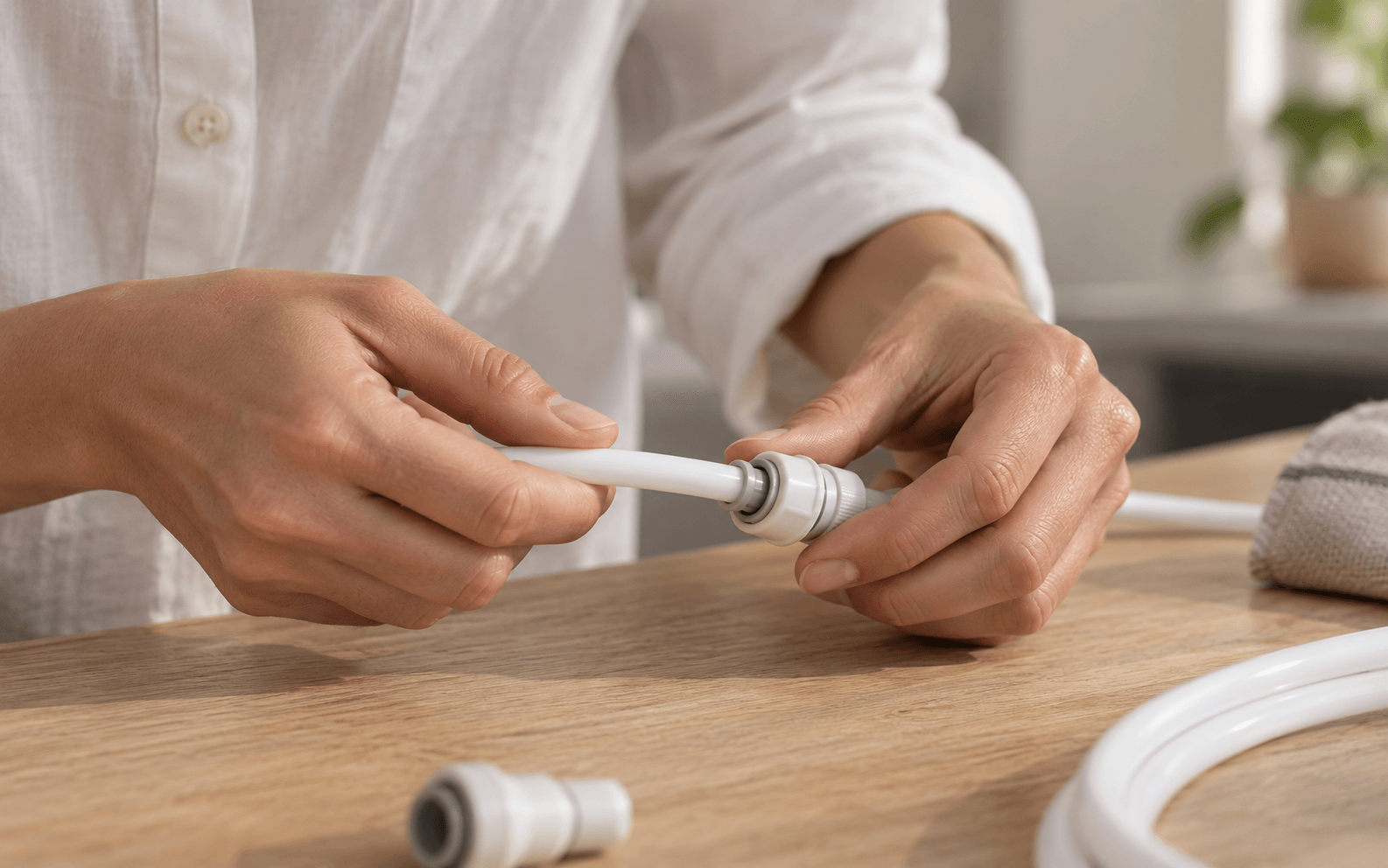 Hands pressing a white tubing line into a push-fit connector, with a coil of tubing and a spare fitting on the bench