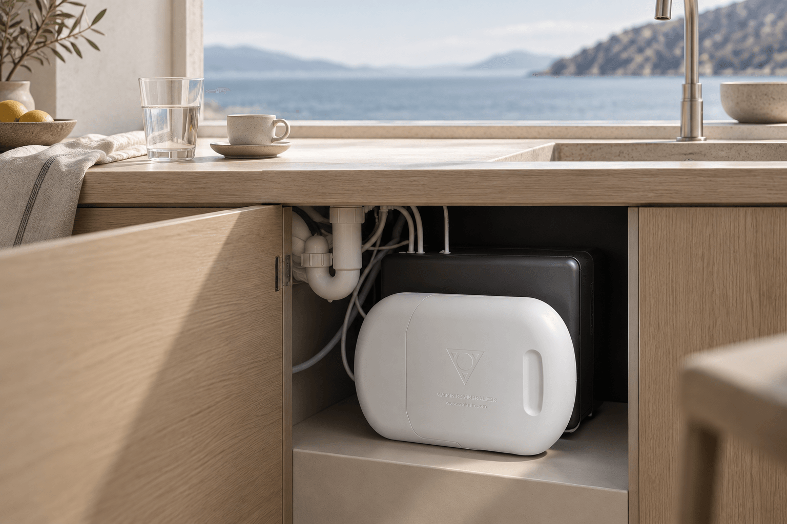 The Waimin Remineralizer installed in an open under-sink cabinet, plumbed in beside an existing filter unit
