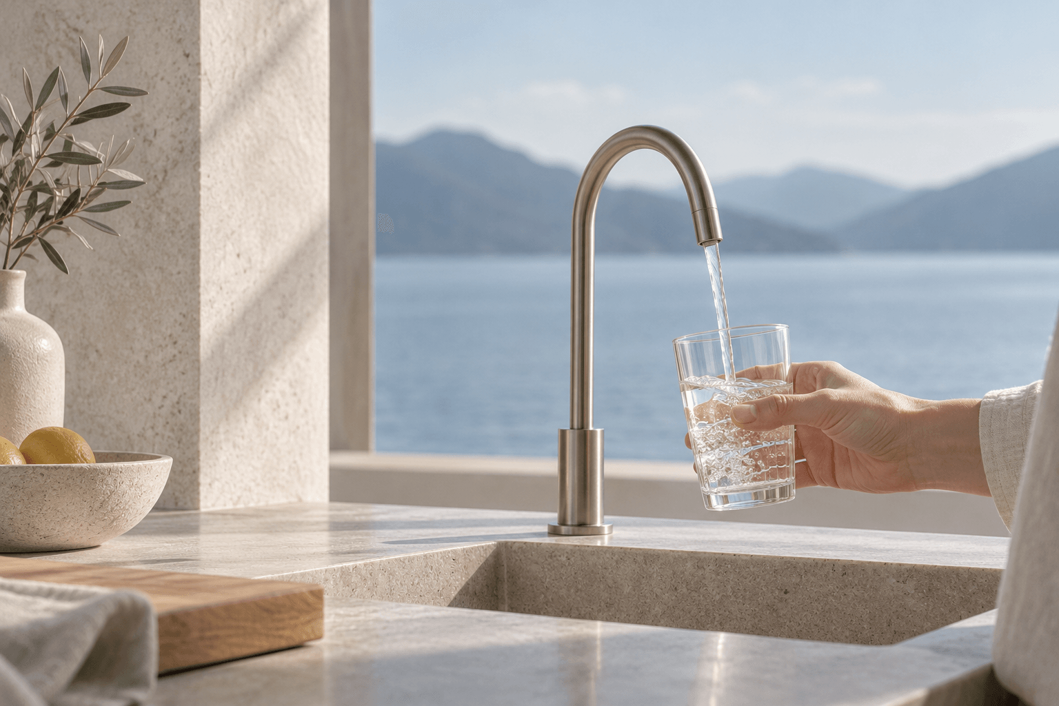 A hand holding a glass under a kitchen tap as it fills with water